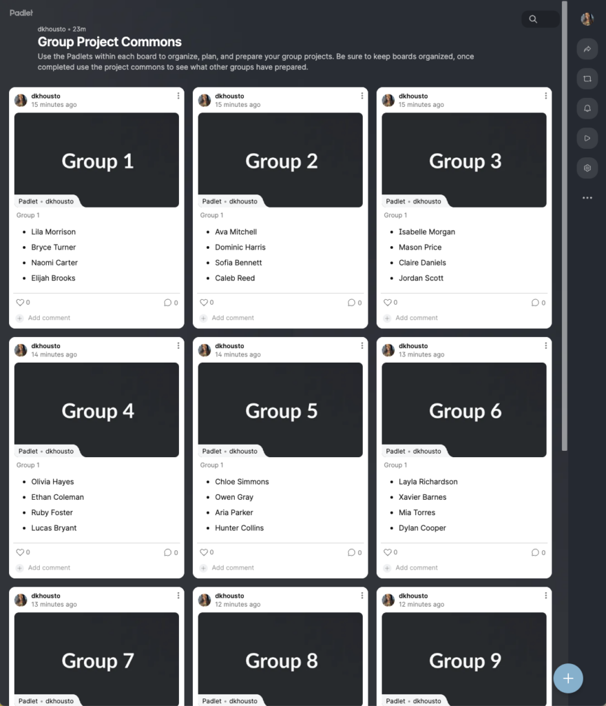Padlet titled Group Project Commons showing cards labeled Group 1 through Group 9. Each card lists student names and serves as a link to a separate Padlet board for that group.